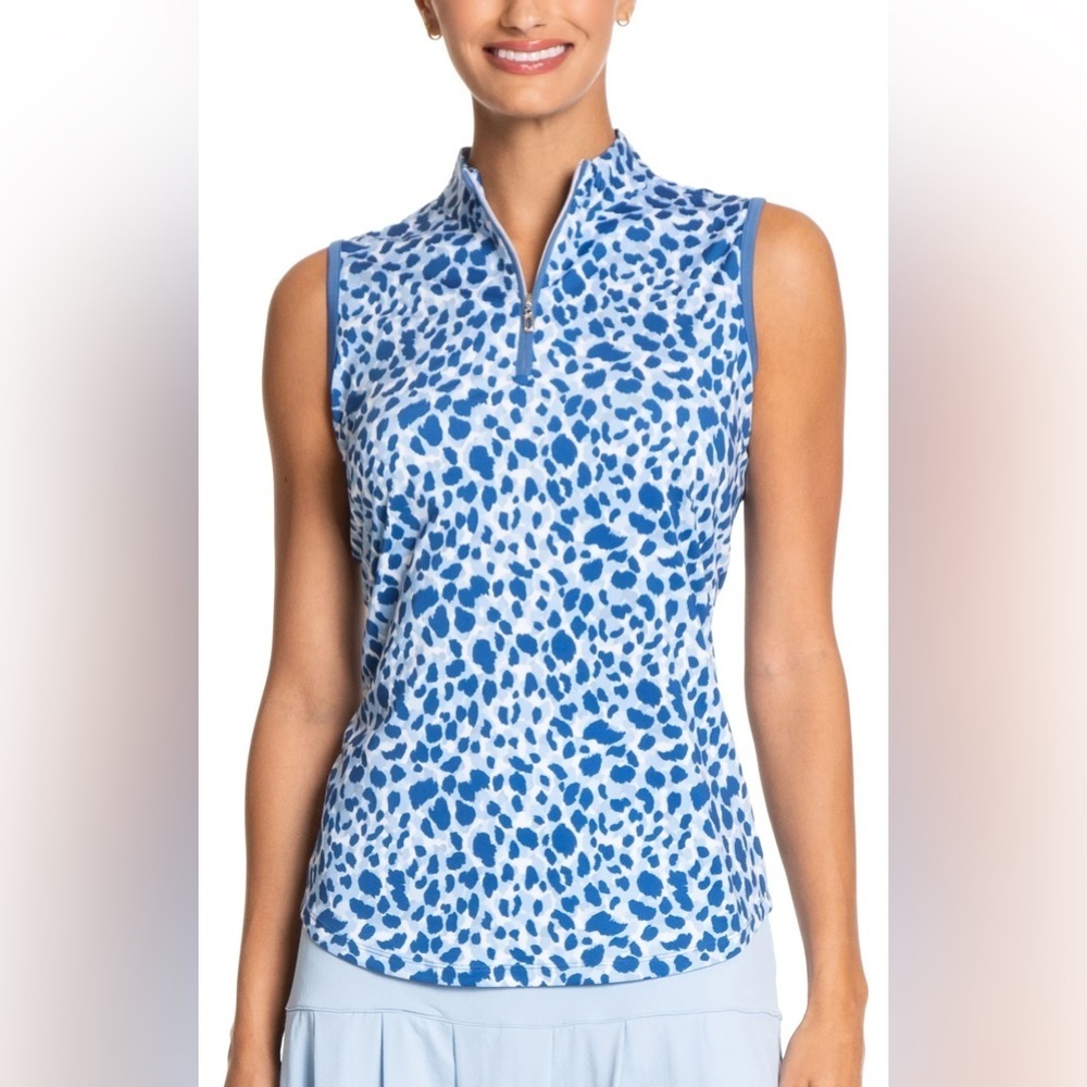 Sport Haley Lark Sleeveless Golf Polo Top Partial Zip Blue Cheetah Pattern sz M